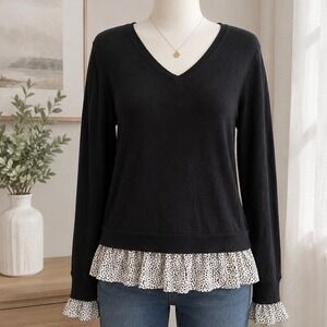 Loft Womens Sweater Black Layered Polka Dot Ruffle Hem V-Neck Large